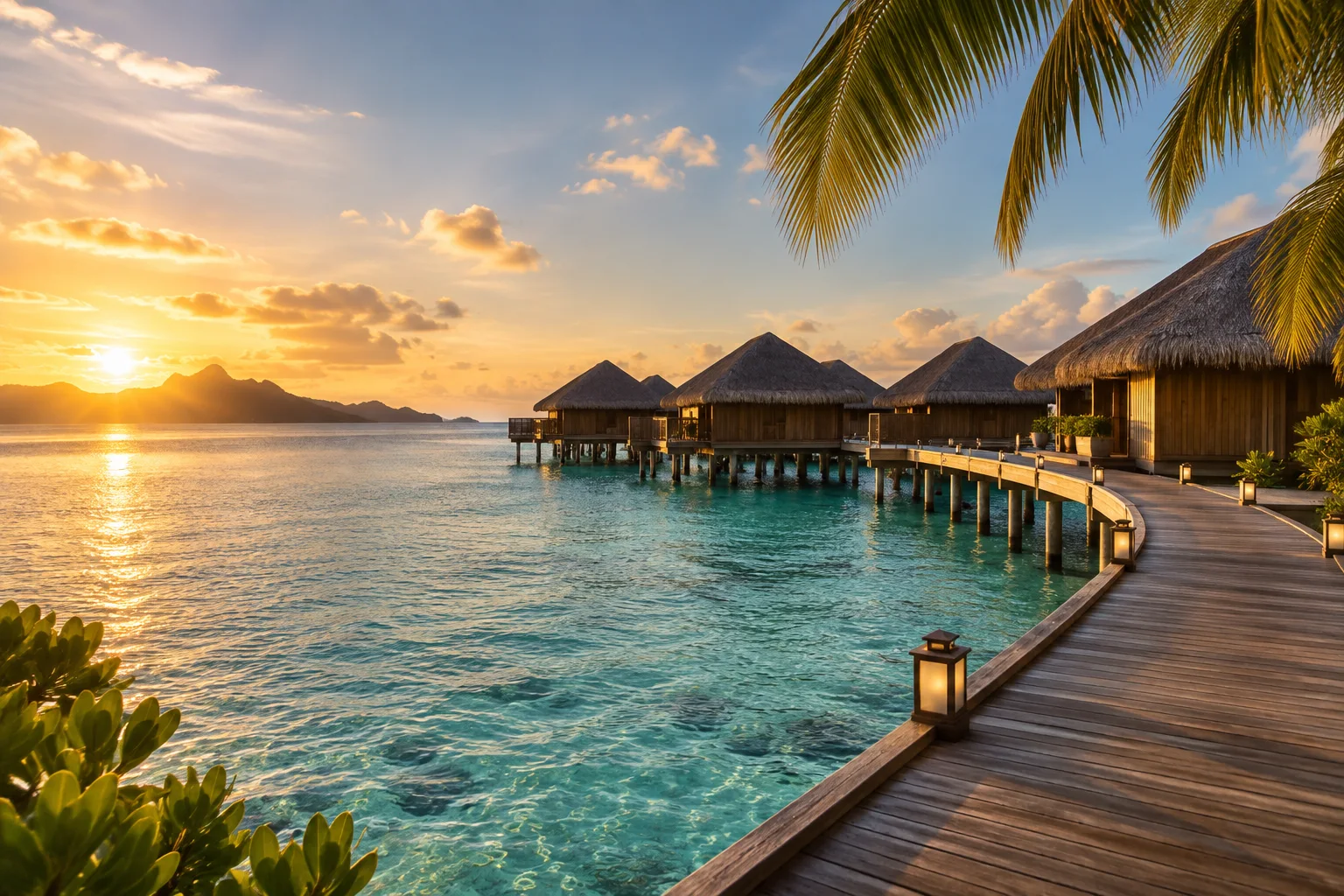 Overwater villas and a boardwalk above tropical waters at sunset